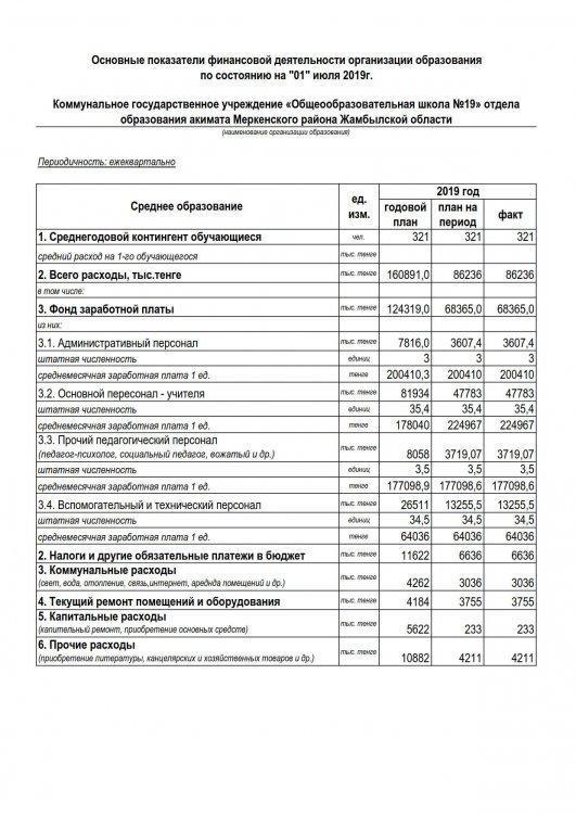 Основные показатели финансовой деятельности организации  по состоянию на "1"июля 2019г.