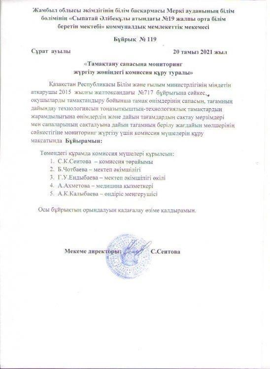 «Тамақтану сапасына мониторинг  жүргізу жөніндегі комиссия құру туралы»