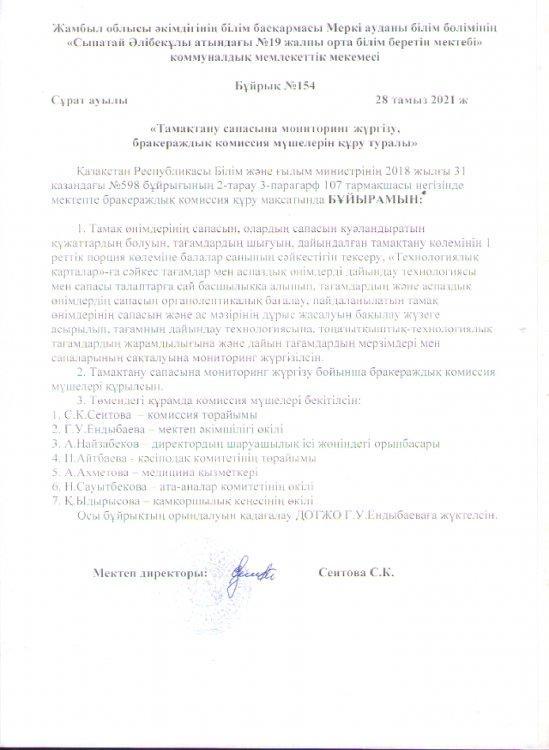 "Тамақтану сапасына мониторниг жүргізу,бракераждық комиссия мүшелерін құру туралы"