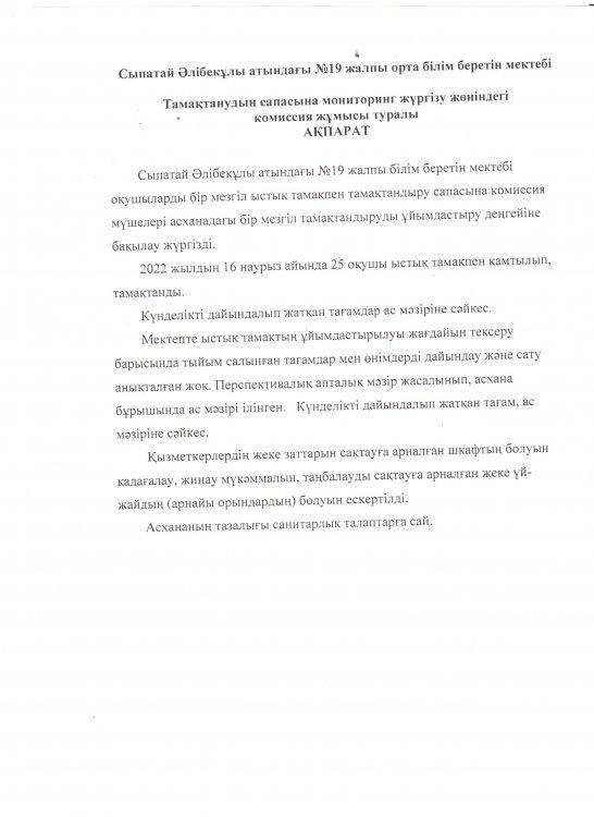 Тамақтану сапасына мониторинг жүргізу актісі