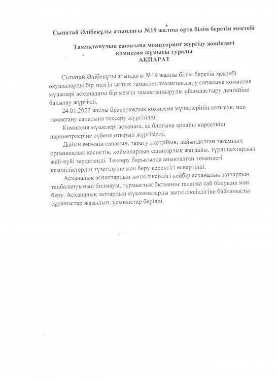Тамақтану сапасына мониторинг жүргізу актісі