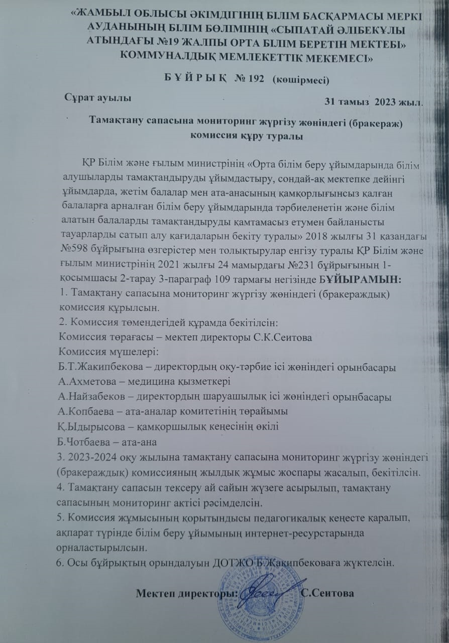 Тамақтану сапасына мониторинг жүргізу жөніндегі комиссия құрамы.
